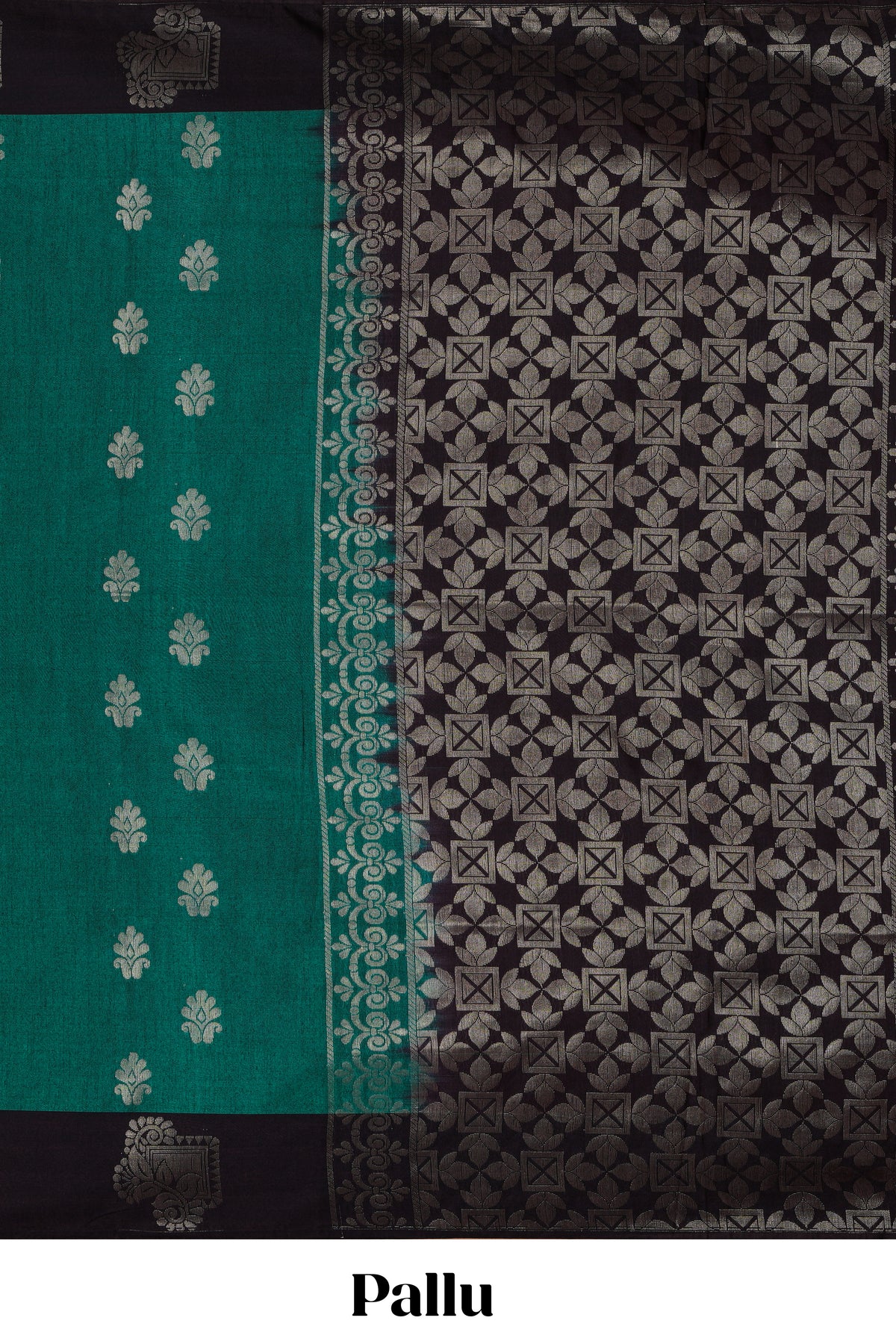 Pine green zari motifs design semi soft silk saree with contrast zari border and plain blouse