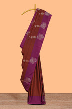 Rust orange zari motifs design semi soft silk saree with contrast zari border and plain blouse