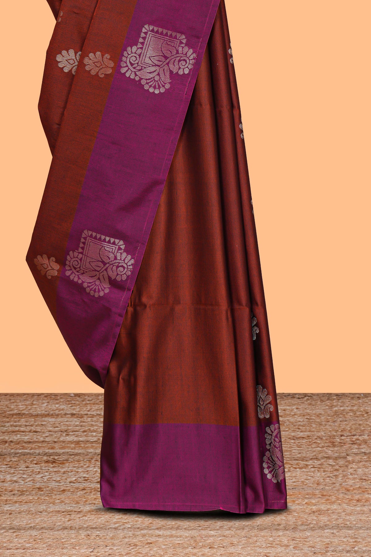 Rust orange zari motifs design semi soft silk saree with contrast zari border and plain blouse