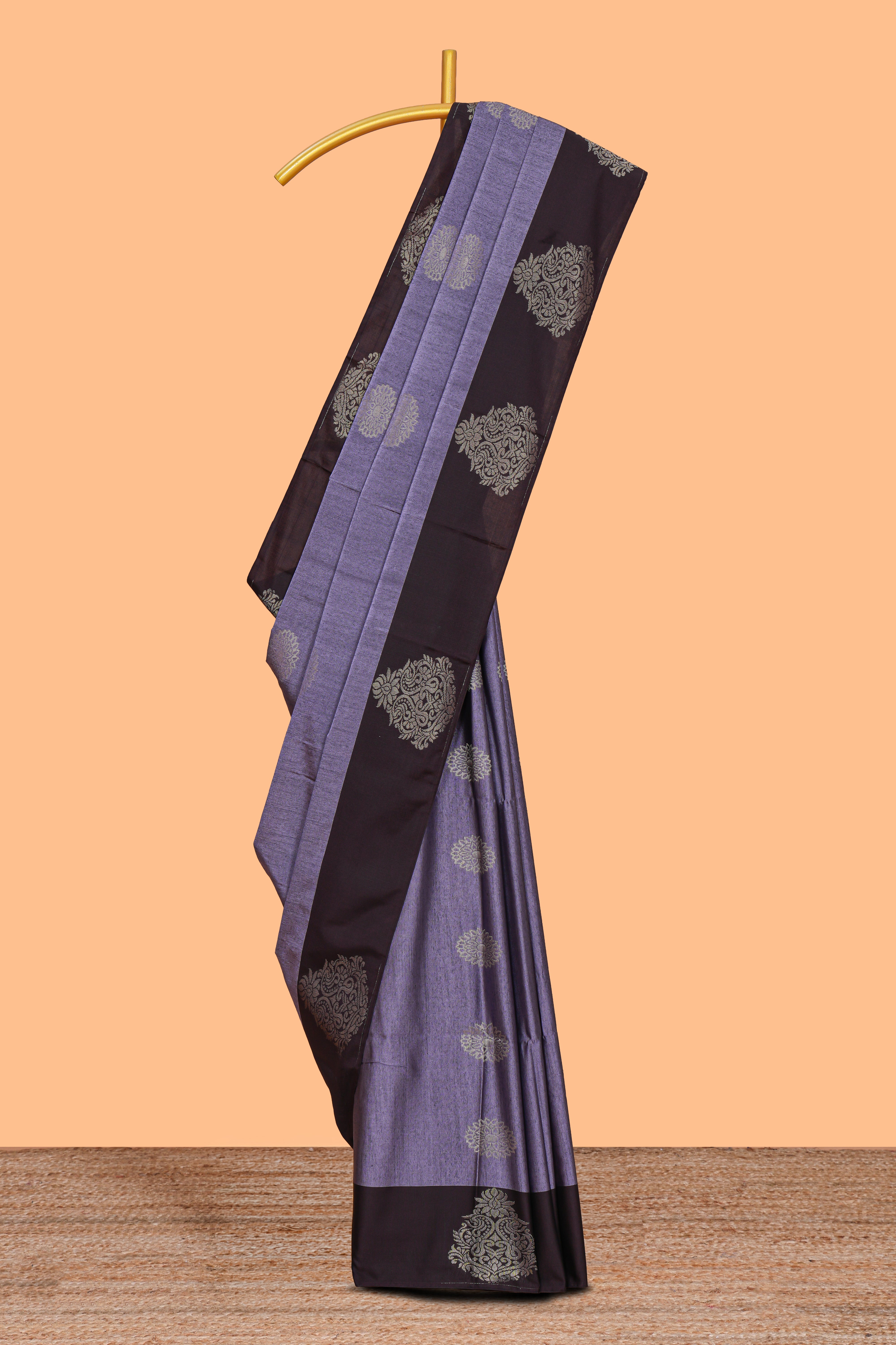 Lavender zari motifs design semi soft silk saree with contrast zari border and plain blouse