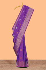 Electric lavender zari motifs design semi soft silk saree with self zari border and contrast motifs blouse