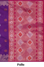 Electric lavender zari motifs design semi soft silk saree with self zari border and contrast motifs blouse