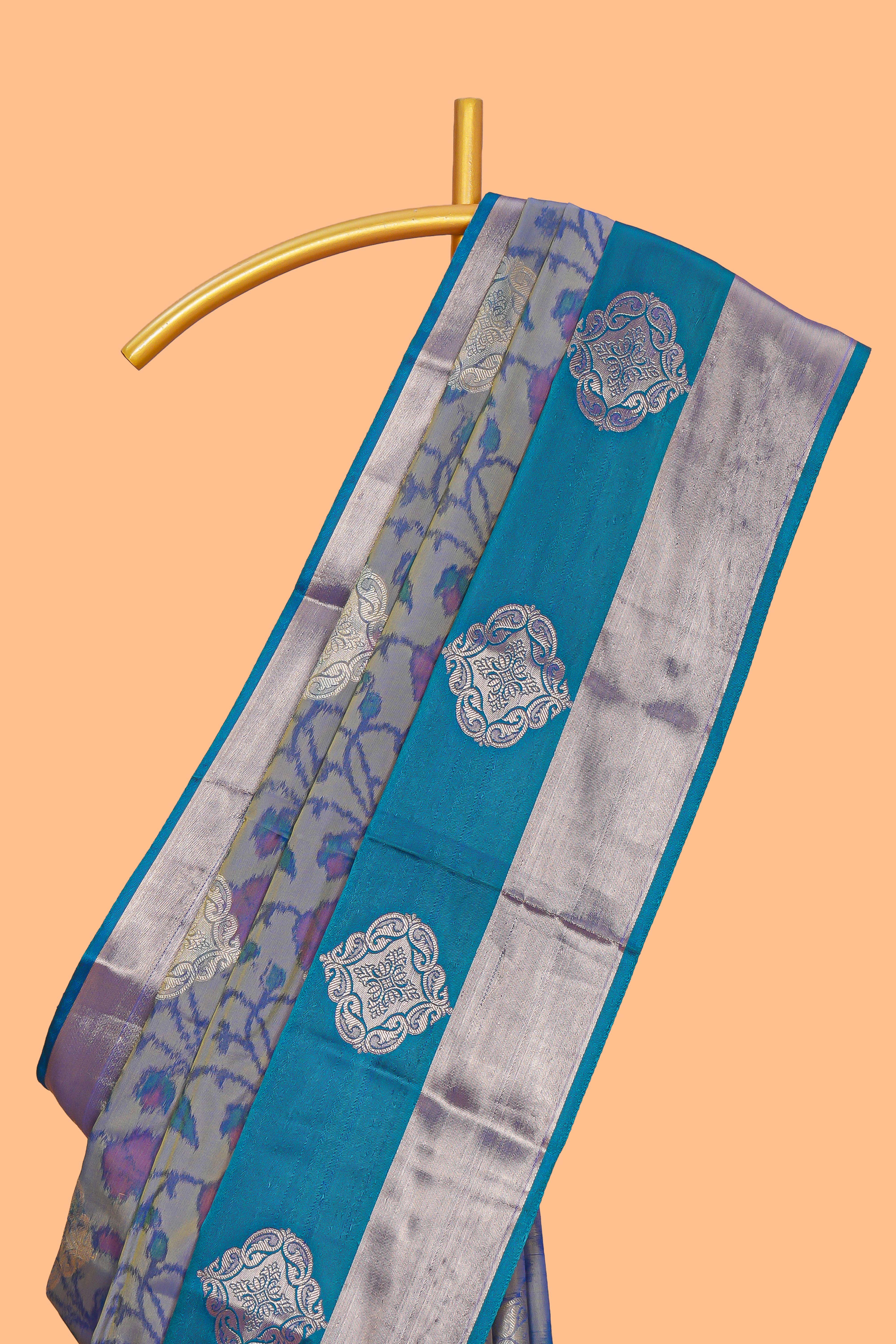 Grey floral veins zari motifs design semi soft silk saree with contrast zari border and multi color blouse