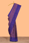 Mauve purple striped zari motifs design semi soft silk saree with contrast checked border andzari striped blouse