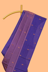 Mauve purple striped zari motifs design semi soft silk saree with contrast checked border andzari striped blouse