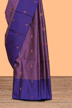Mauve purple striped zari motifs design semi soft silk saree with contrast checked border and  zari striped blouse