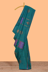 Borderless green zari motifs design semi soft silk saree with contrast pallu and motifs blouse