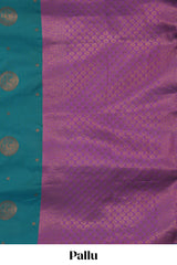 Borderless green zari motifs design semi soft silk saree with contrast pallu and motifs blouse