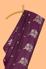 Borderless purple zari motifs design semi soft silk saree with self pallu and matching blouse