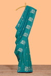 Borderless green floral zari motifs design semi soft silk saree with self pallu and matching blouse