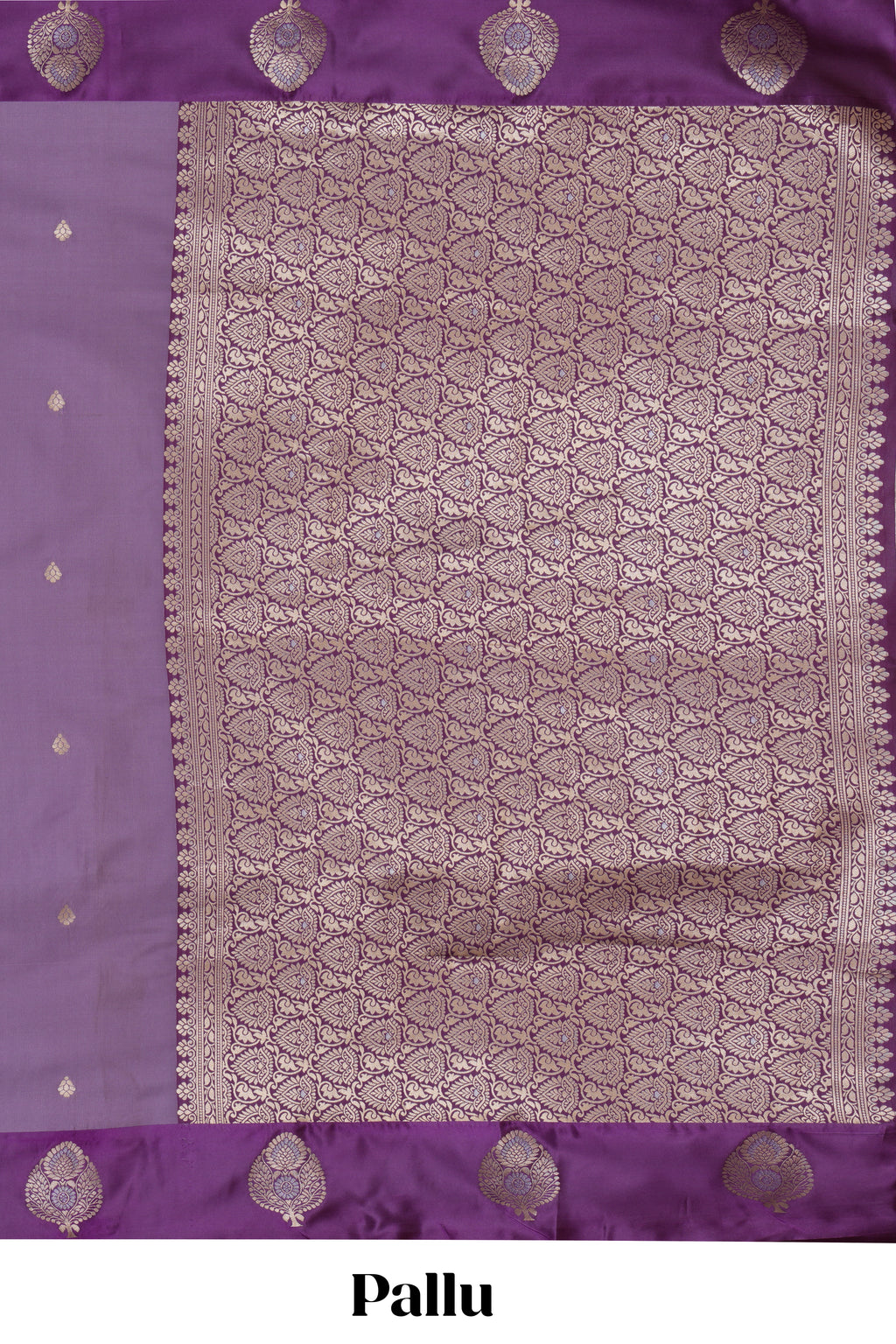 Lavender zari motifs design semi soft silk saree with contrast border and zari pallu