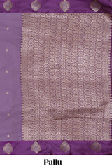 Lavender zari motifs design semi soft silk saree with contrast border and zari pallu