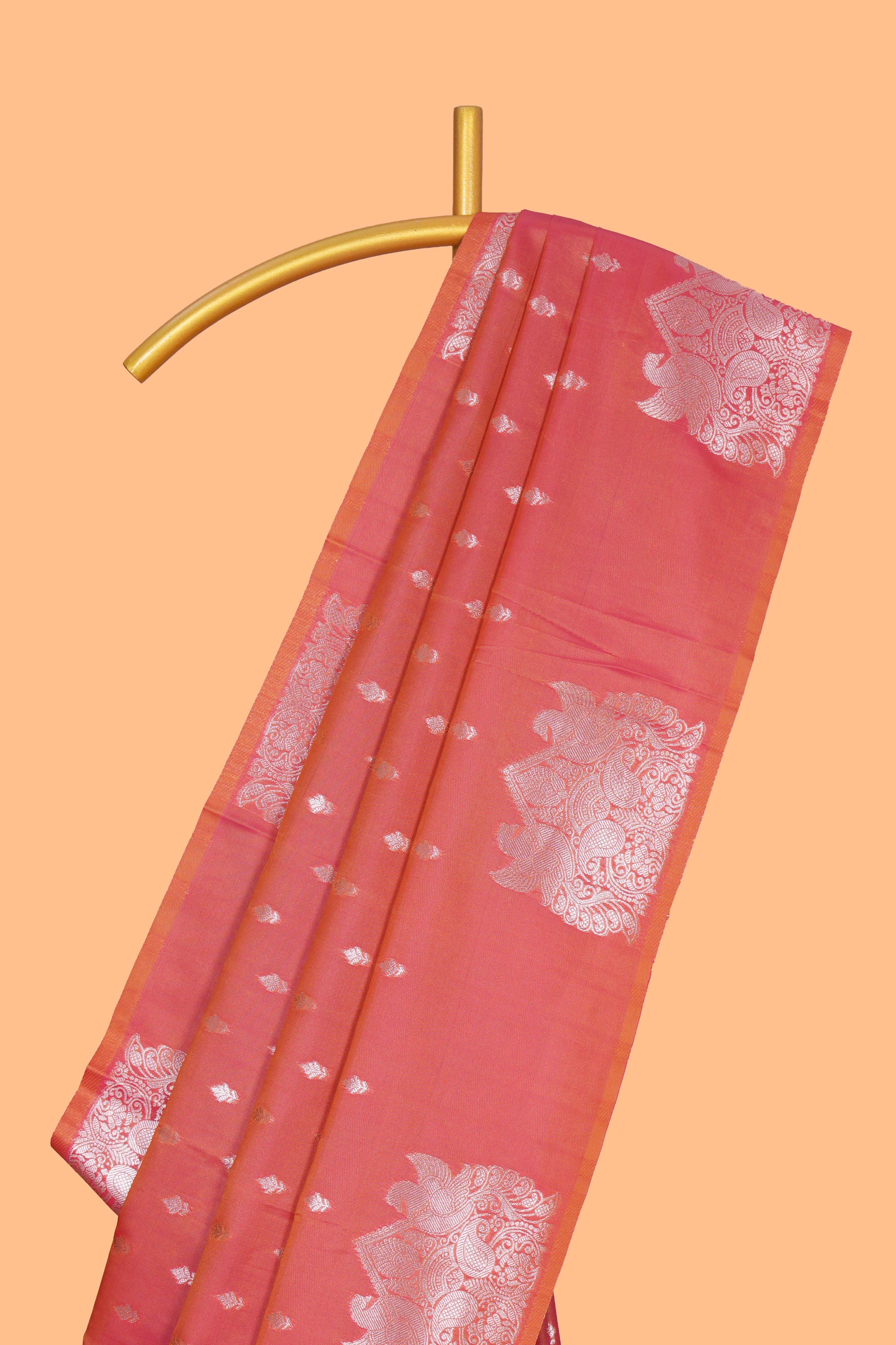 Borderless orange zari motifs design semi soft silk saree with self pallu and matching blouse