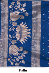 Borderless blue zari motifs design semi soft silk saree with self pallu and matching blouse