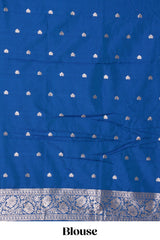 Borderless blue zari motifs design semi soft silk saree with self pallu and matching blouse
