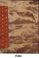 Rust orange zari motifs design semi soft silk saree with contrast border and zari blouse