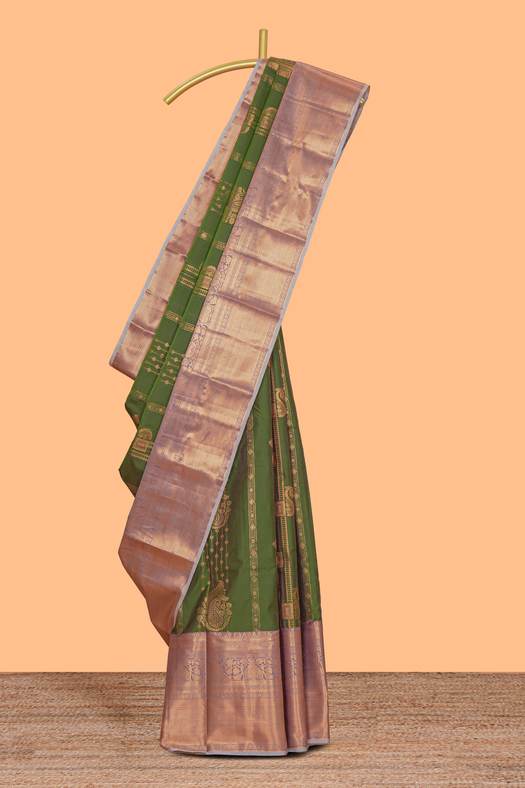 Green unique zari design semi soft Silk Saree with contrast zari border and zari blouse