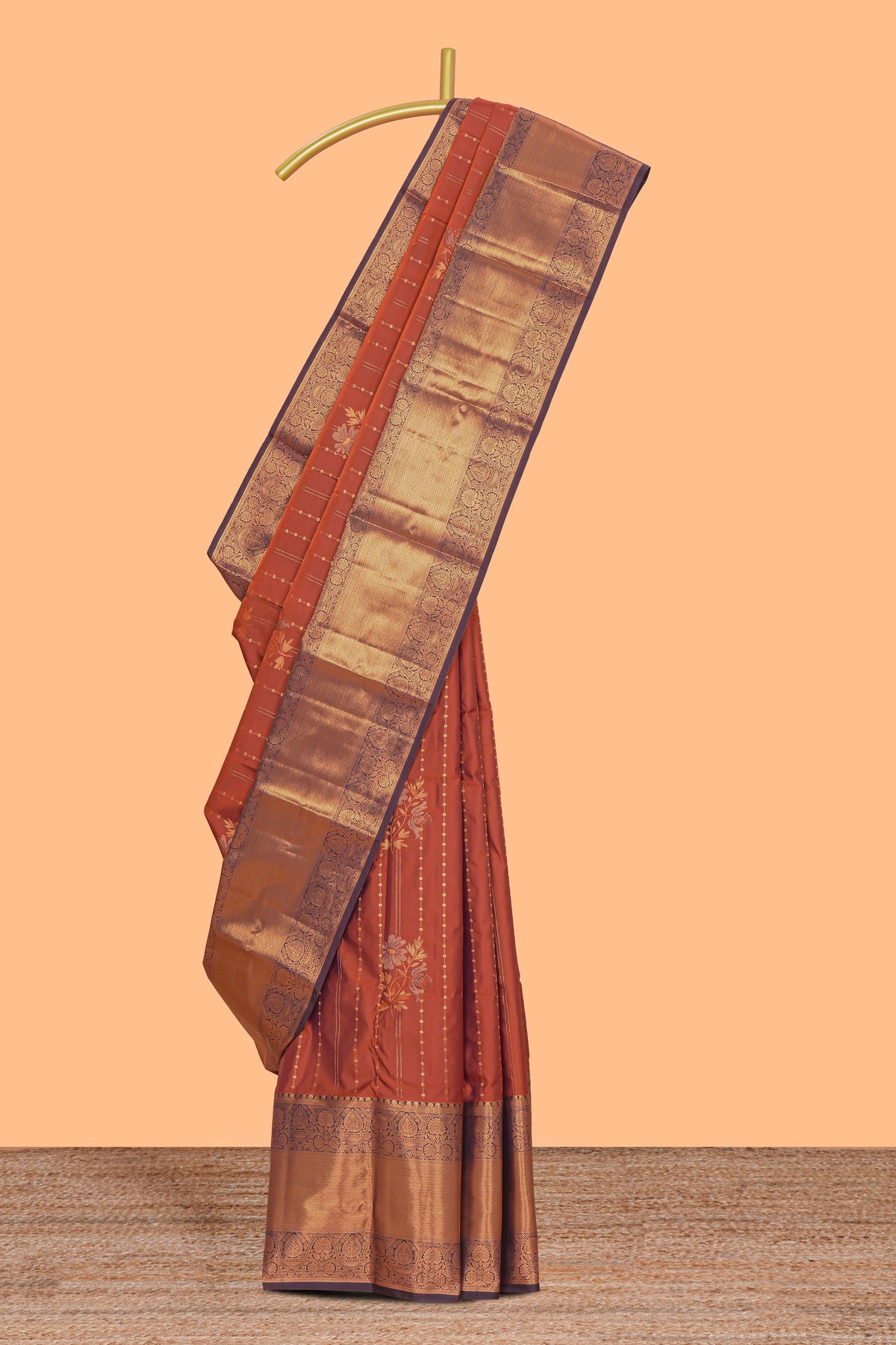 Rust orange striped zari design kathan Silk Saree with contrast zari border and zari blouse