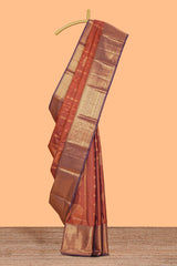 Rust orange striped zari design kathan Silk Saree with contrast zari border and zari blouse
