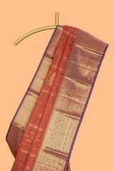 Rust orange striped zari design kathan Silk Saree with contrast zari border and zari blouse