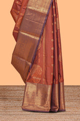 Rust orange striped zari design kathan Silk Saree with contrast zari border and zari blouse
