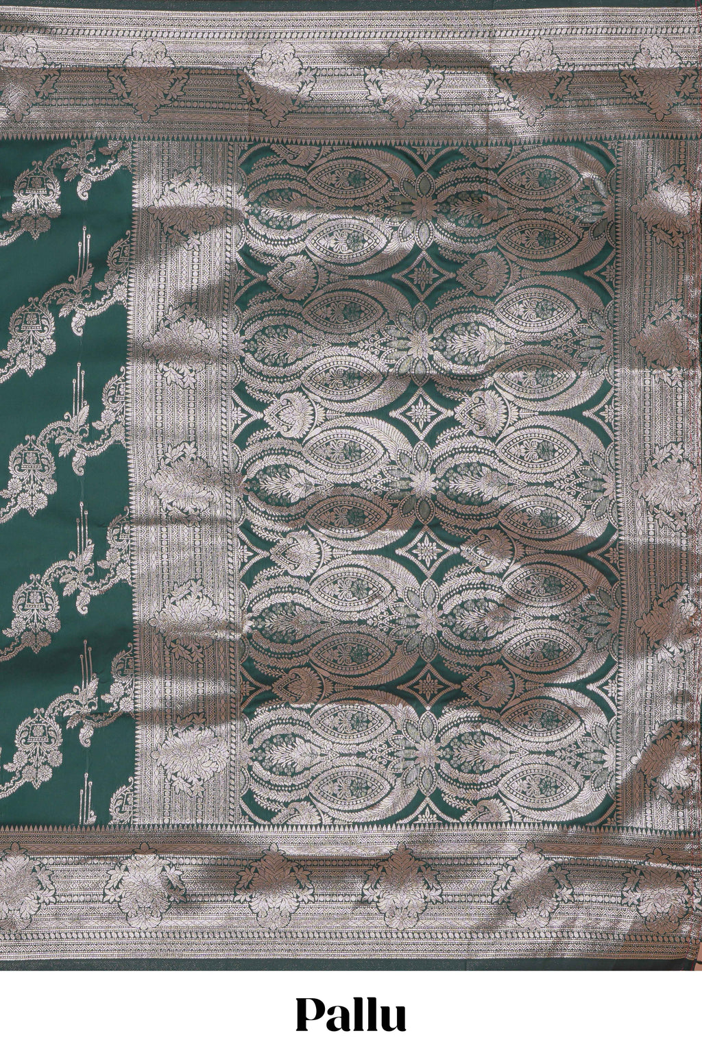 Green zari design semi soft silk saree with self zari border and matching blouse