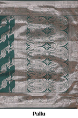 Green zari design semi soft silk saree with self zari border and matching blouse