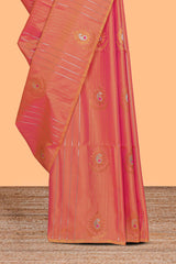 Borderless orange striped motifs design semi soft silk saree with contrast pallu and zari motifs blouse
