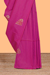 Borderless pink striped motifs design semi soft silk saree with contrast pallu and zari motifs blouse