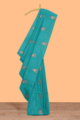 Borderless blue striped motifs design semi soft silk saree with contrast pallu and zari motifs blouse