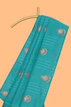 Borderless blue striped motifs design semi soft silk saree with contrast pallu and zari motifs blouse