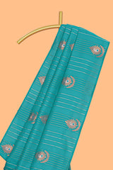 Borderless blue striped motifs design semi soft silk saree with contrast pallu and zari motifs blouse