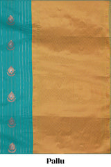 Borderless blue striped motifs design semi soft silk saree with contrast pallu and zari motifs blouse