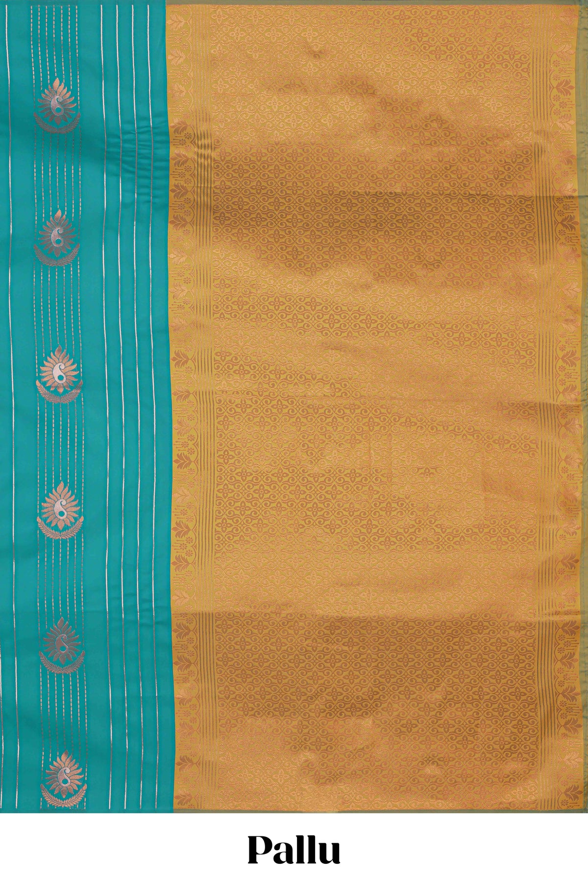 Borderless blue striped motifs design semi soft silk saree with contrast pallu and zari motifs blouse
