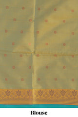 Borderless blue striped motifs design semi soft silk saree with contrast pallu and zari motifs blouse