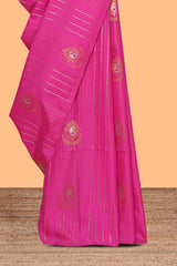 Borderless magenta pink striped motifs design semi soft silk saree with contrast pallu and zari motifs blouse