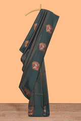 Borderless dark green striped motifs design semi soft silk saree with contrast pallu and zari motifs blouse