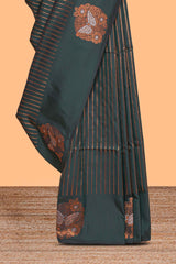 Borderless dark green striped motifs design semi soft silk saree with contrast pallu and zari motifs blouse