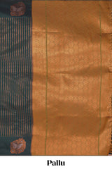 Borderless dark green striped motifs design semi soft silk saree with contrast pallu and zari motifs blouse