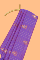 Borderless lavender striped motifs design semi soft silk saree with contrast pallu and zari motifs blouse