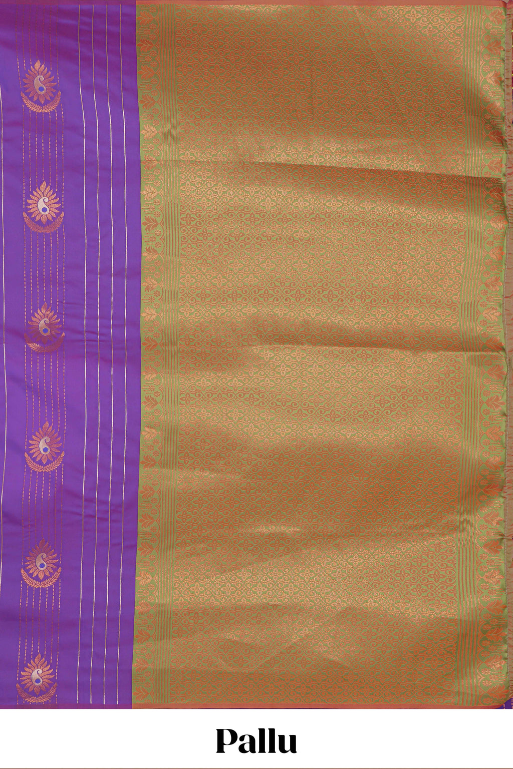 Borderless lavender striped motifs design semi soft silk saree with contrast pallu and zari motifs blouse