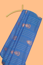 Borderless ocean blue striped motifs design semi soft silk saree with contrast pallu and zari motifs blouse