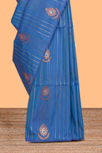 Borderless ocean blue striped motifs design semi soft silk saree with contrast pallu and zari motifs blouse