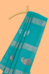 Borderless viridian green striped motifs design semi soft silk saree with contrast pallu and zari motifs blouse