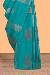 Borderless viridian green striped motifs design semi soft silk saree with contrast pallu and zari motifs blouse