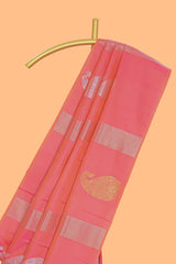 Borderless pink striped motifs design semi soft silk saree with contrast pallu and zari motifs blouse