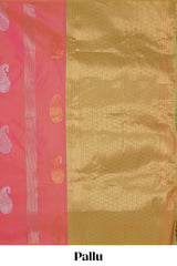 Borderless pink striped motifs design semi soft silk saree with contrast pallu and zari motifs blouse