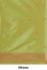 Borderless pink striped motifs design semi soft silk saree with contrast pallu and zari motifs blouse