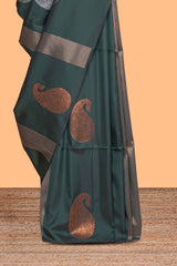 Borderless green striped motifs design semi soft silk saree with contrast pallu and zari motifs blouse