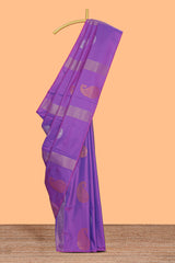 Borderless lavender striped motifs design semi soft silk saree with contrast pallu and zari motifs blouse